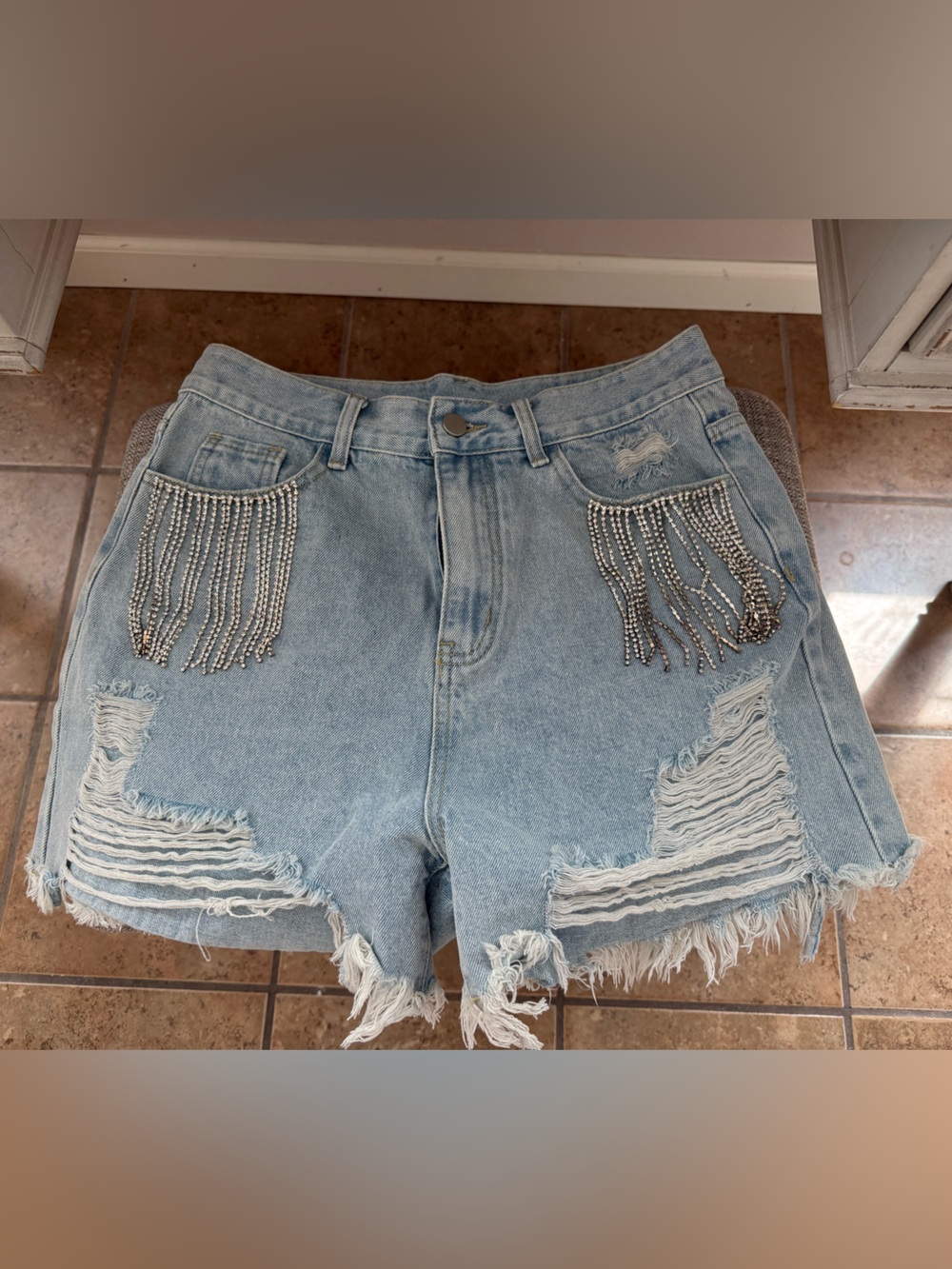 Cider Light Blue Distressed Denim Shorts with Rhinestone Fringe